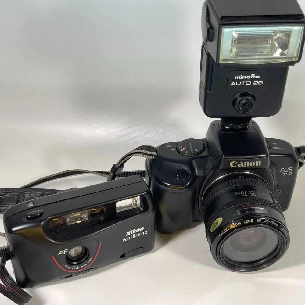 Canon E05 750 35mm camera and Nikon Fun touch 2 35mm camera
